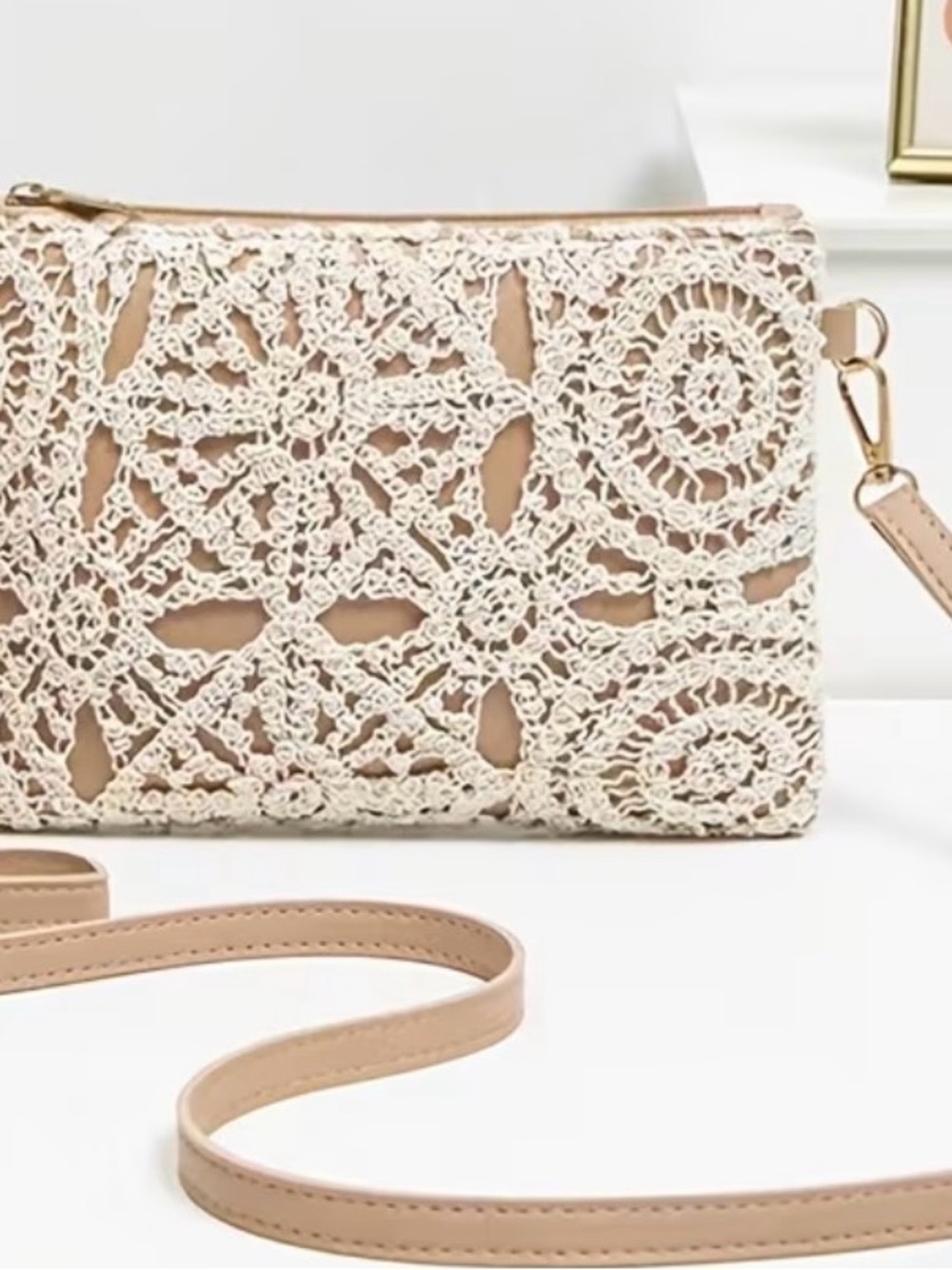 Beige Crochet Lace Crossbody Bag with Detachable Strap - Picture 1 of 2